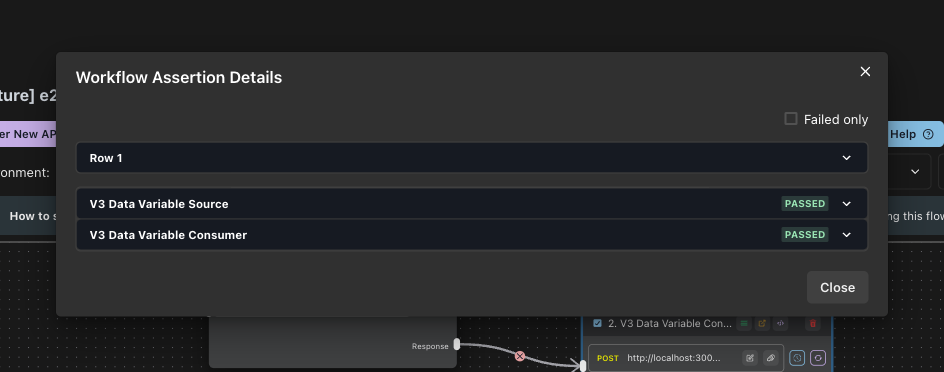Assertion Details modal showing failed/passed assertions grouped by API