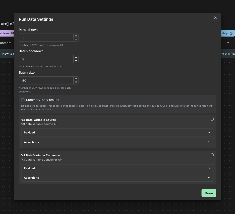 E2E Run Data Settings modal showing APIs in workflow order with Payload and Assertions sections collapsed