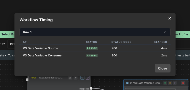 E2E timing details modal showing elapsed time per API