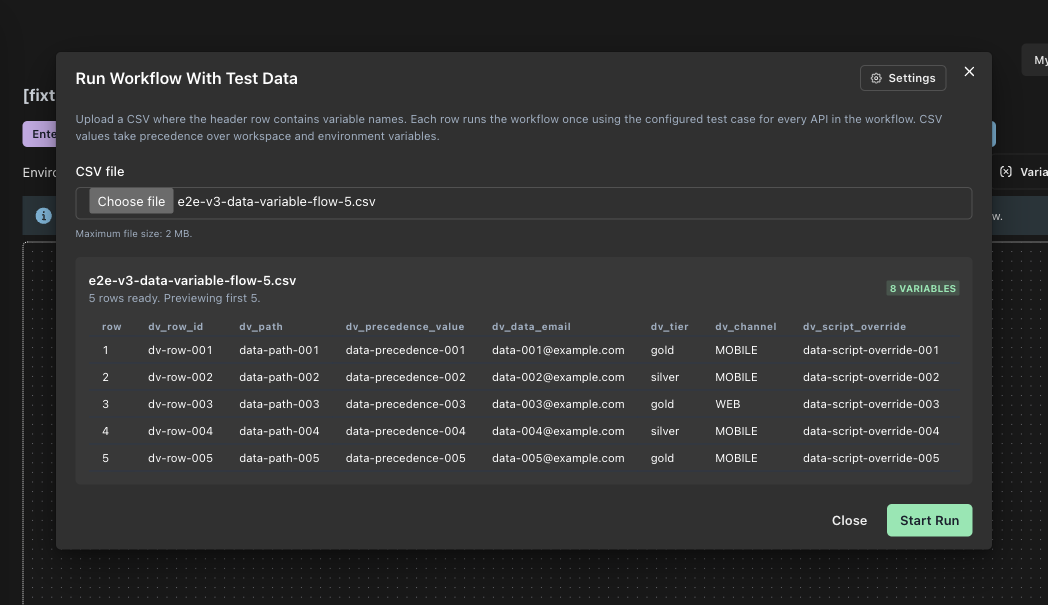 E2E Run with Data modal after uploading a CSV, showing detected rows/columns and the Run button