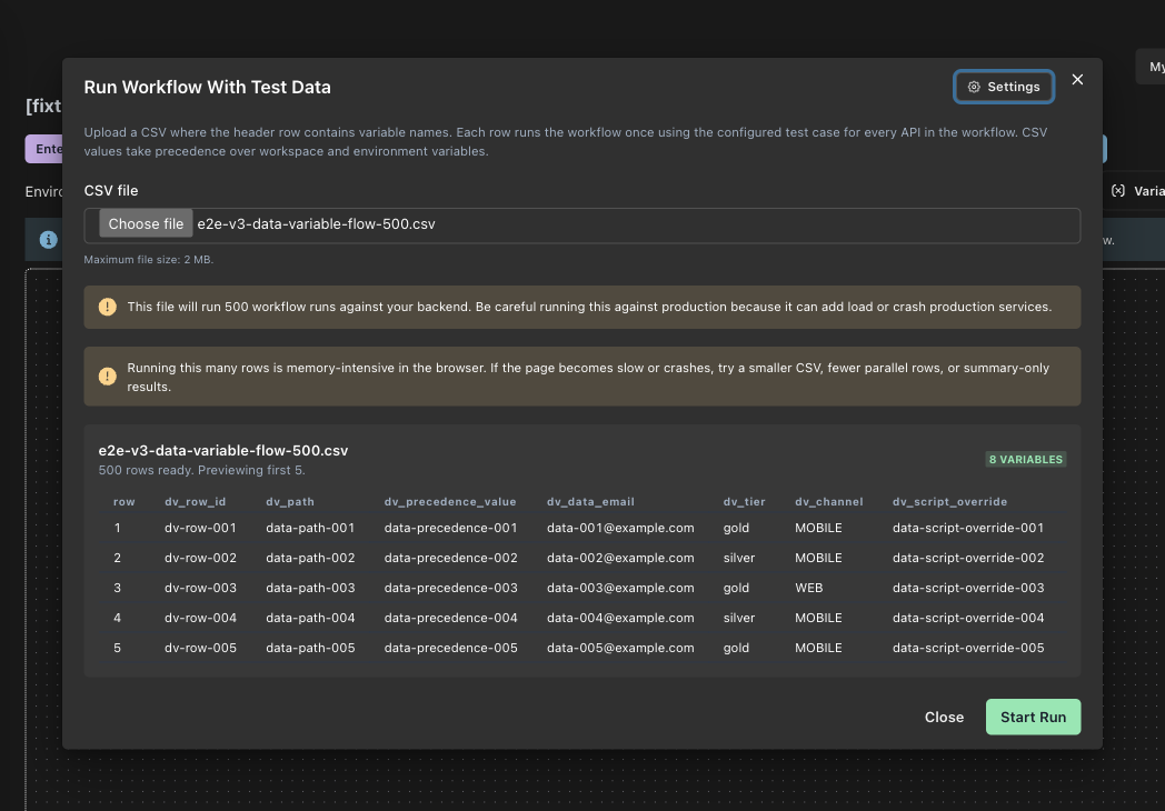Warning shown when the uploaded CSV has more than 50 rows