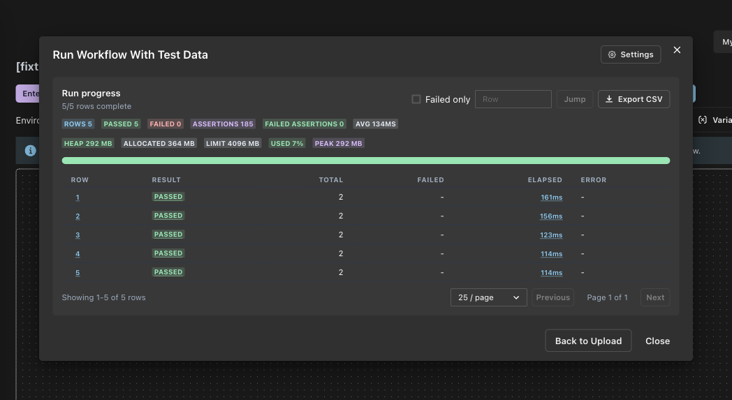 Data run results table showing row number, result/status, assertion counts, elapsed time, and pagination