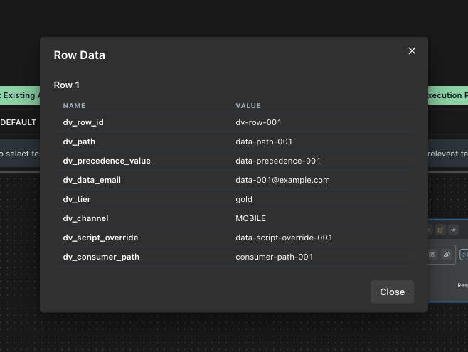 Row Data modal showing the CSV values used for one run