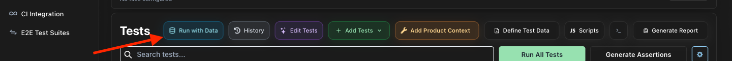Run with Data button on a single API test suite page