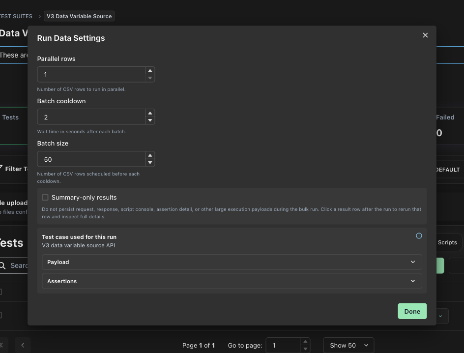 Single API Run Data Settings modal showing the default test case, collapsed Payload section, and collapsed Assertions section