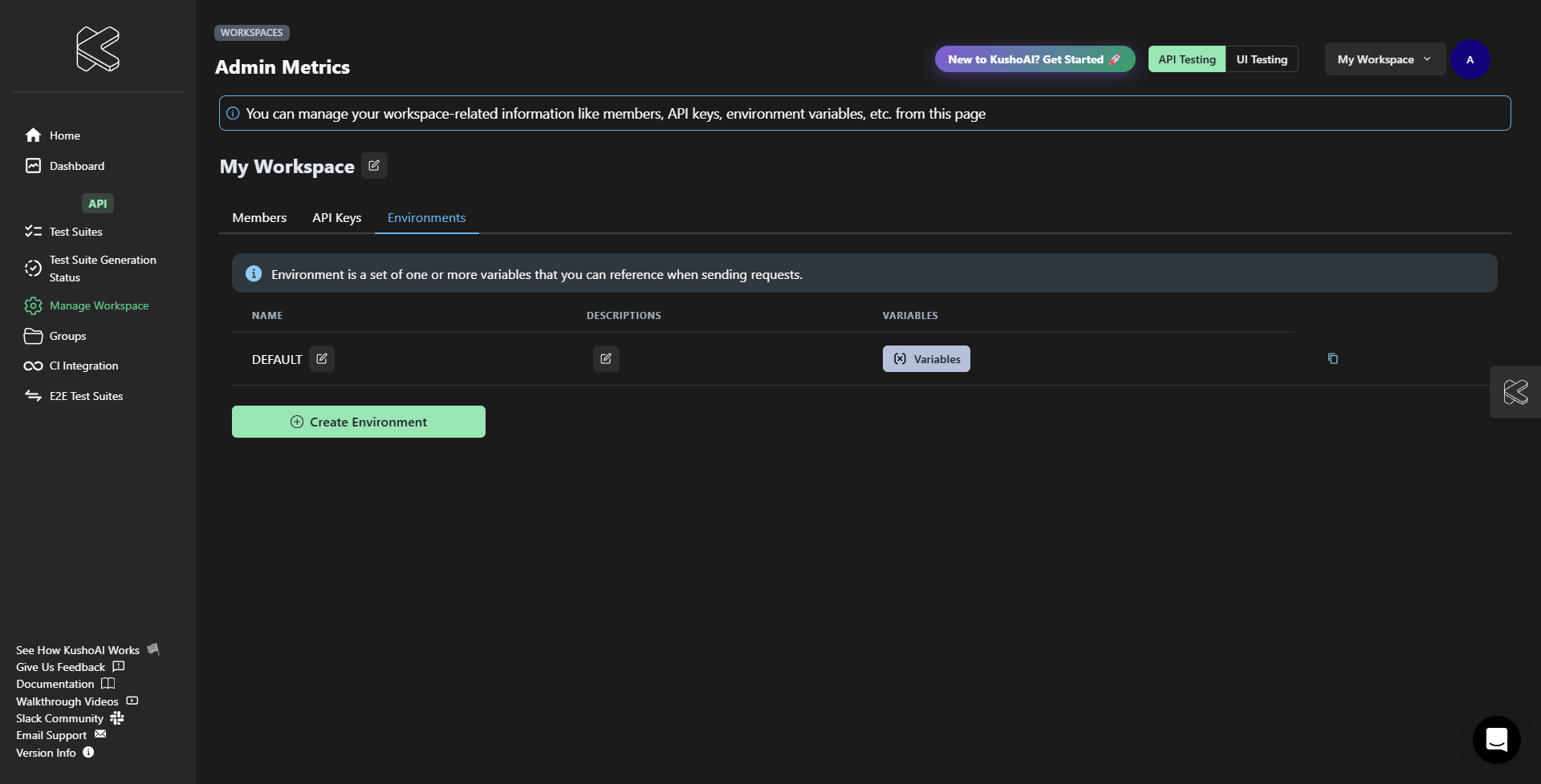 Manage Workspace Environment Tab