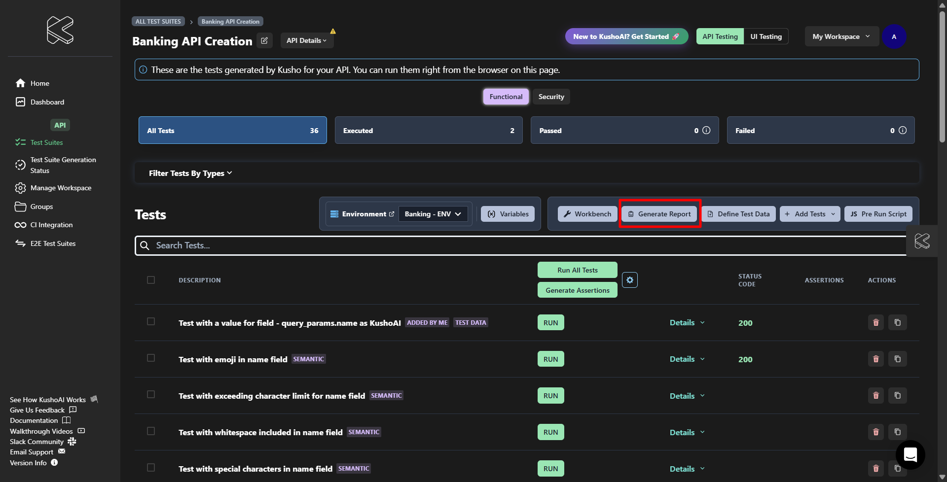 Step 1: Click "Generate Report" in a Test Suite